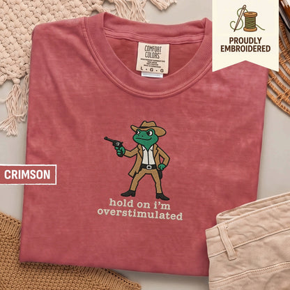 107 - hold on i’m overstimulated t-shirt