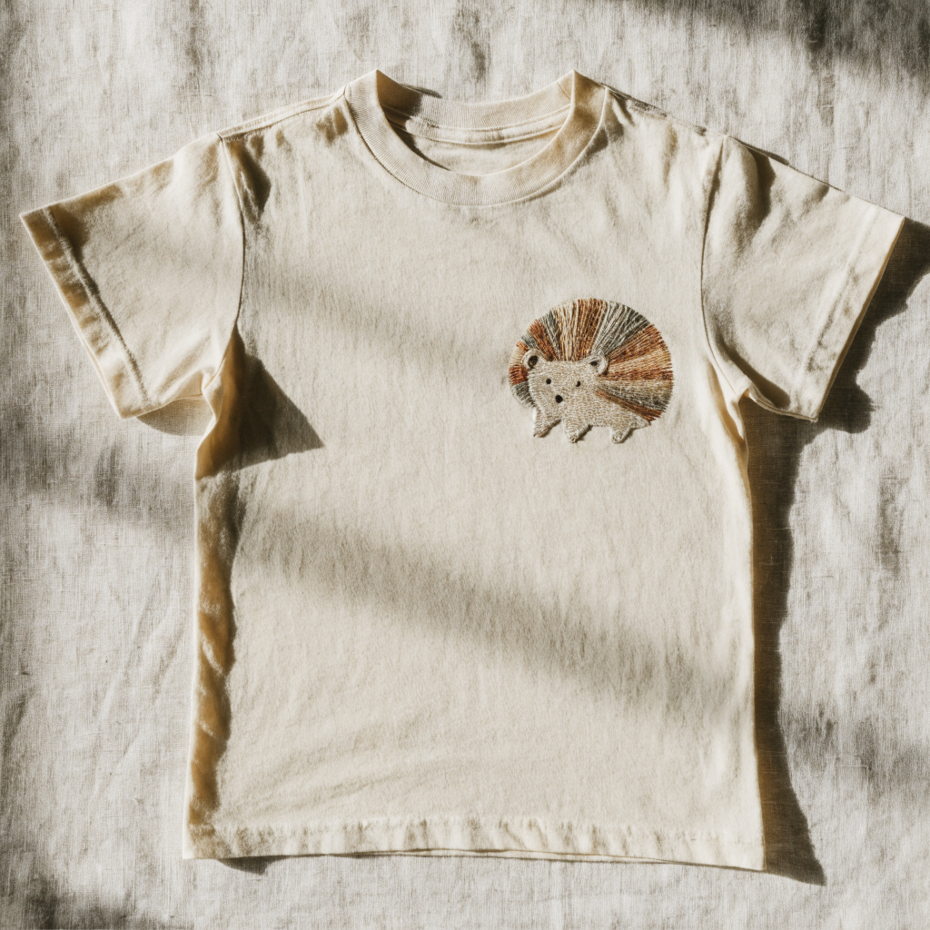 Cream cotton t-shirt with a hedgehog embroidered on the left chest