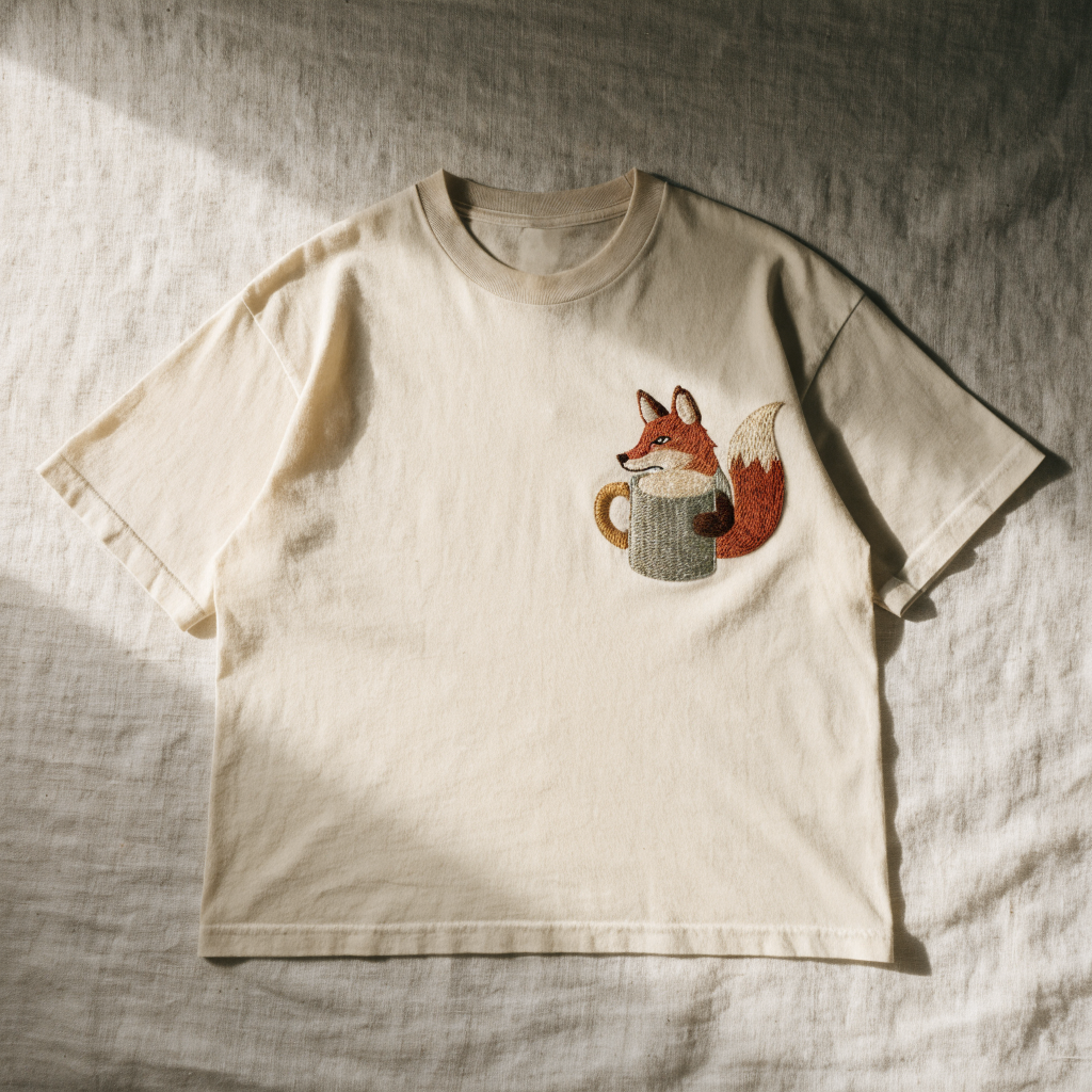 Cream cotton t-shirt with a fox holding a coffee mug embroidered on the left chest