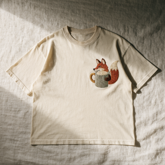 Cream cotton t-shirt with a fox holding a coffee mug embroidered on the left chest