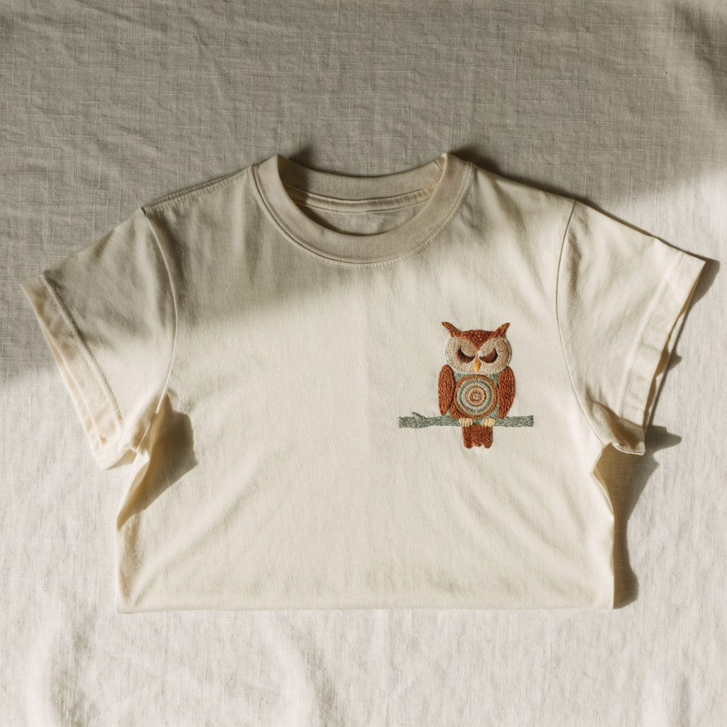 Cream cotton t-shirt with a sleepy owl embroidered on the left chest