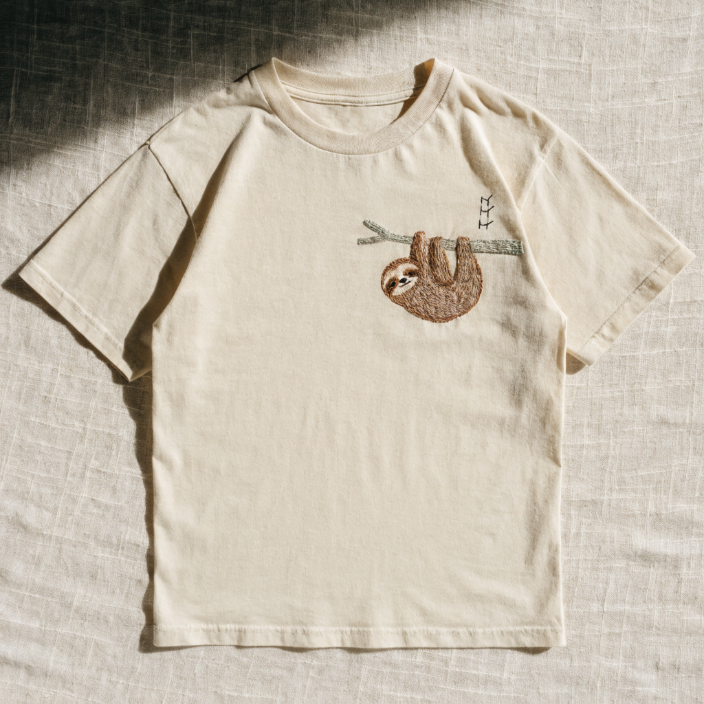 Cream cotton t-shirt with a sloth embroidered on the left chest