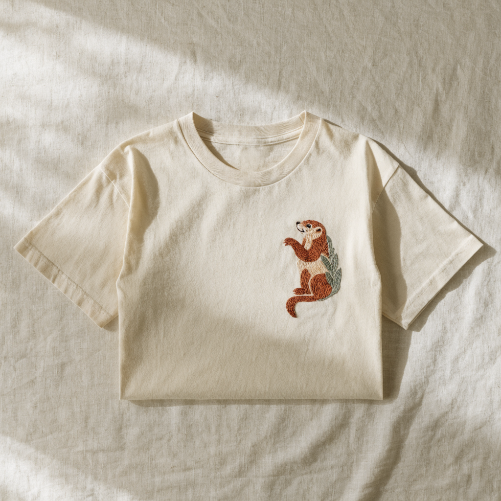 Cream cotton t-shirt with an otter embroidered on the left chest