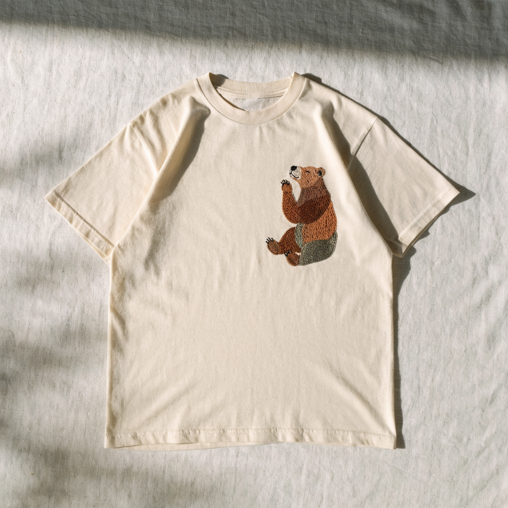 Cream cotton t-shirt with a resting bear embroidered on the left chest